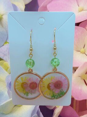 Pressed Flower Pink Yellow Green Resin Dangle Earrings